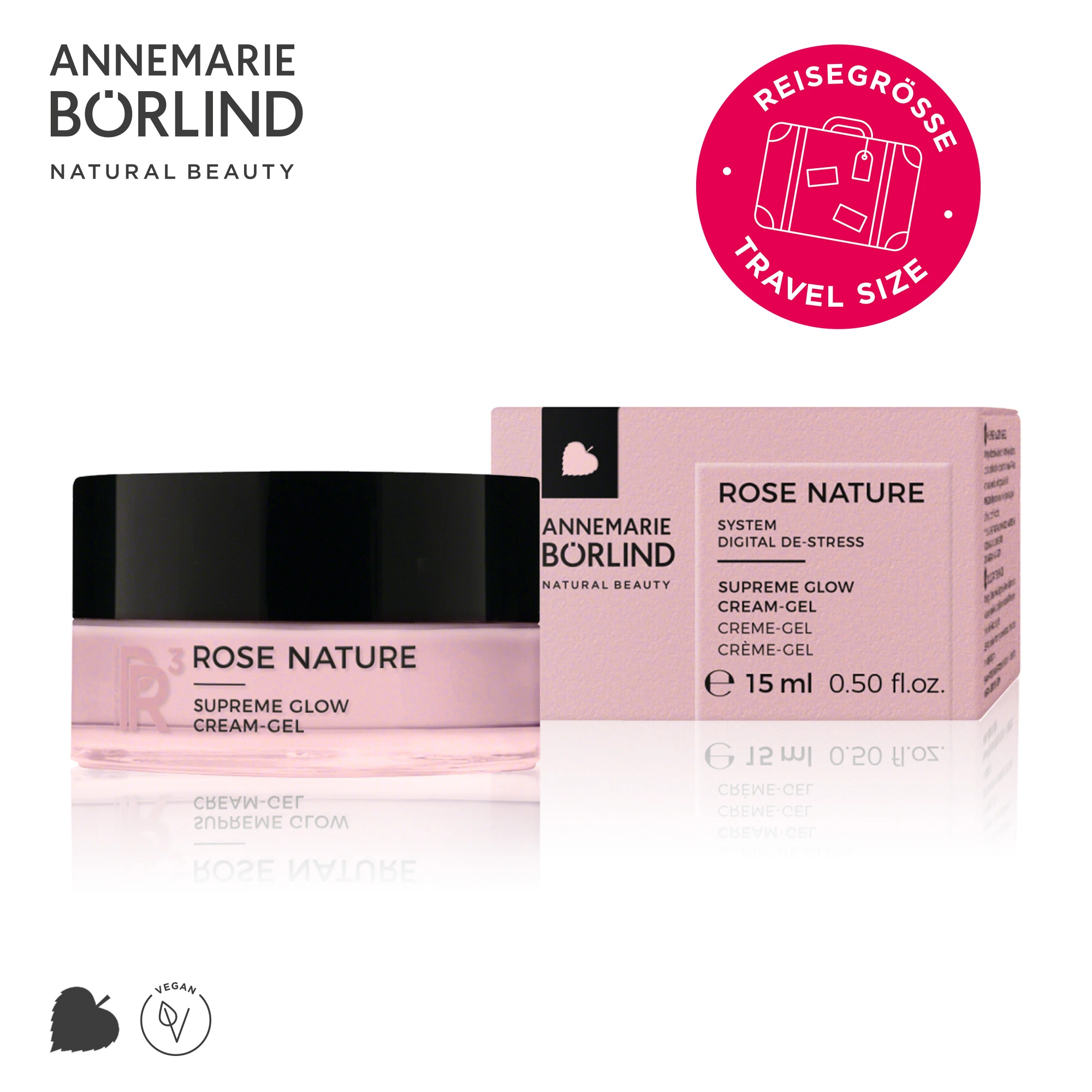 ANNEMARIE BÖRLIND ROSE NATURE Supreme Glow Cream-Gel 15 ml in Reisegröße mit schwarzem Deckel
