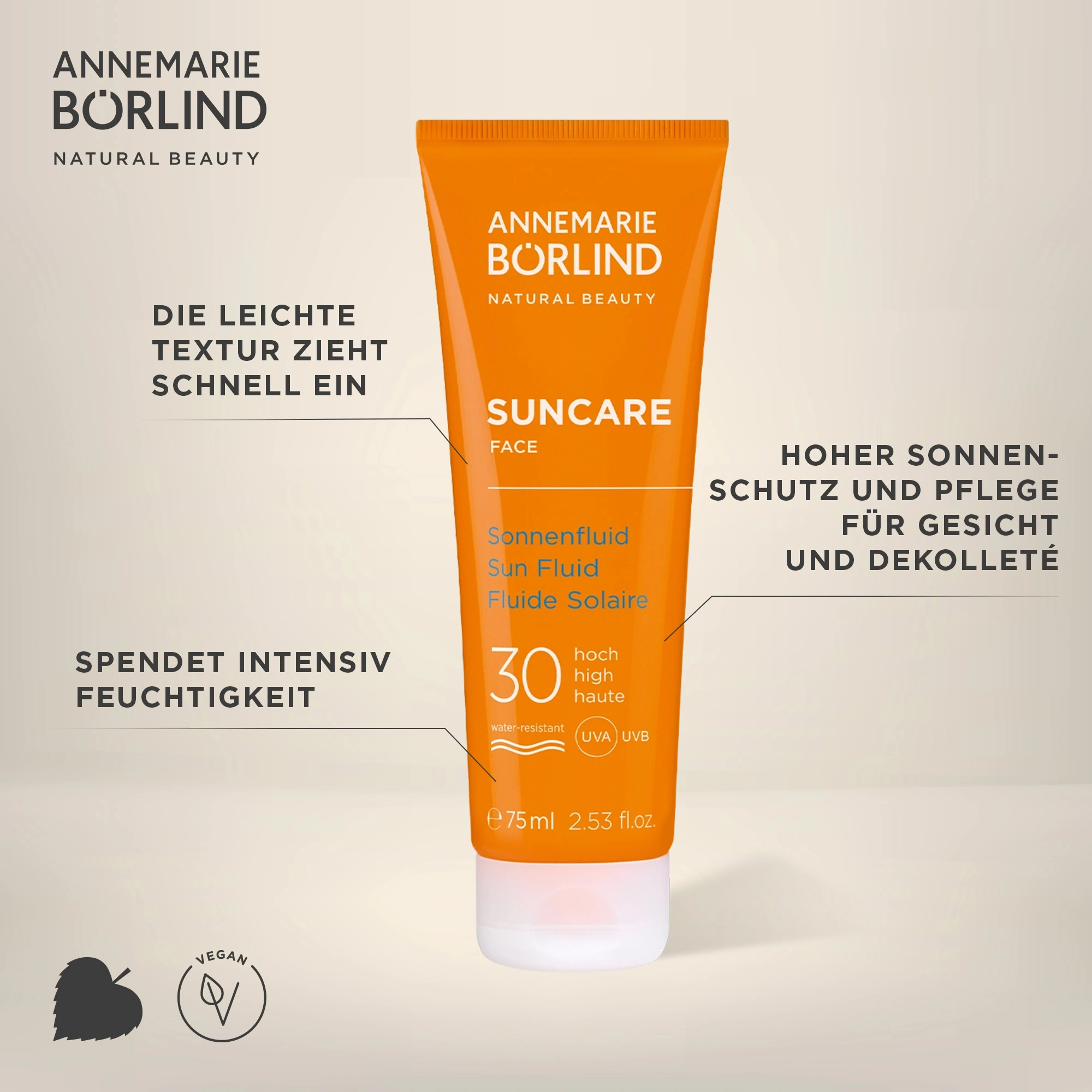 ANNEMARIE BÖRLIND Suncare Face Sonnenfluid LSF 30, leichte Textur, feuchtigkeitsspendend, wasserfest, vegan