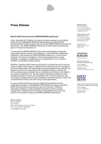 Pressemitteilung zur Auszeichnung von BÖRLIND und DADO SENS mit dem GREEN BRANDS Qualitätssiegel