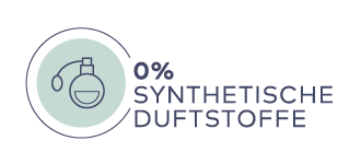 Symbol einer Parfümflasche mit Text "0% SYNTHETISCHE DUFTSTOFFE" auf hellem Hintergrund