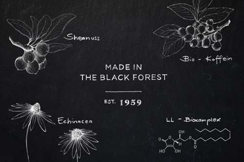 Skizzen von Sheanuss, Bio-Koffein, Echinacea und LL-Biokomplex mit Text "Made in the Black Forest, Est. 1959