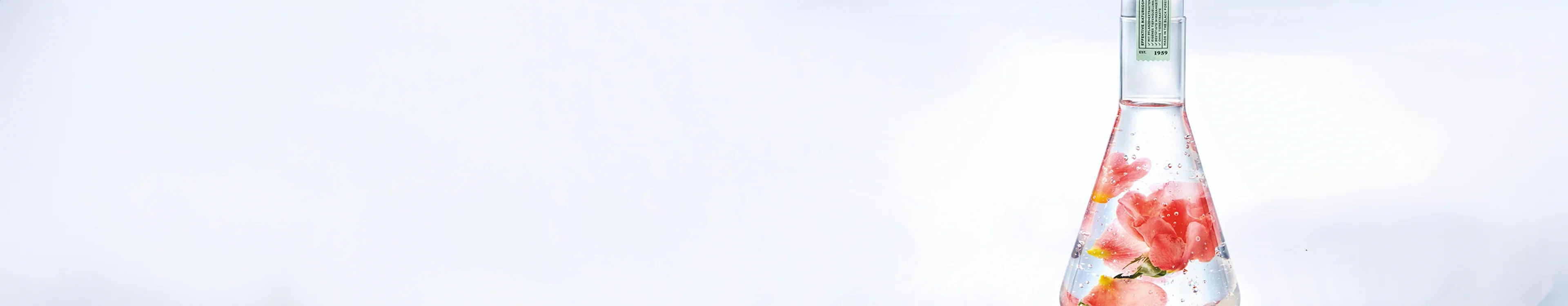 Flasche mit klarem Wasser und rosa Blüten, minimalistisch vor weißem Hintergrund