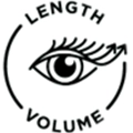 Symbol mit Auge, Pfeilen und Text "LENGTH" und "VOLUME" in Schwarz auf weißem Hintergrund