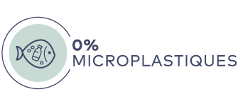 Symbol eines Fisches mit durchgestrichenen Mikroplastikpartikeln und Text "0% MICROPLASTIQUES