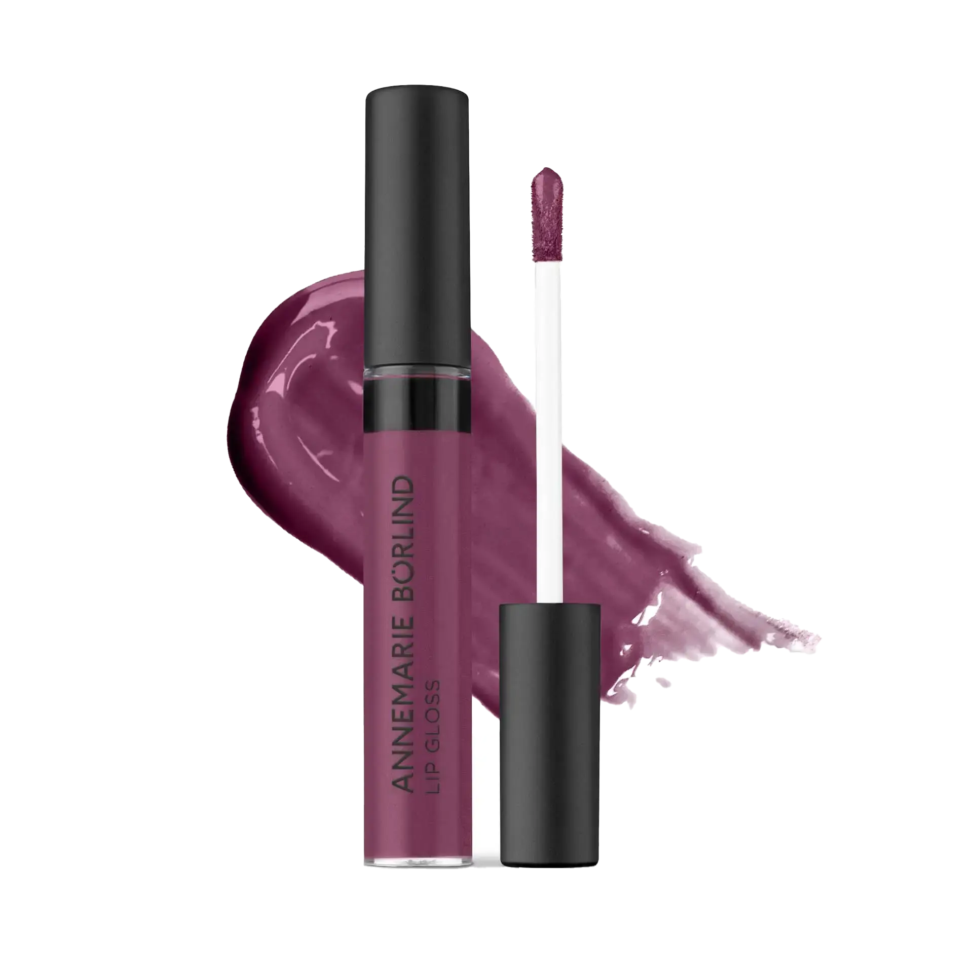 BRILLANT À LÈVRES RUBY ANNEMARIE BÖRLIND Lip Gloss in dunklem Beerenton mit Applikator und Farbklecks im Hintergrund