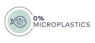 Symbol eines Fisches mit Mikroplastikpartikeln und Schriftzug „0% MICROPLASTICS“ in Blau und Grau