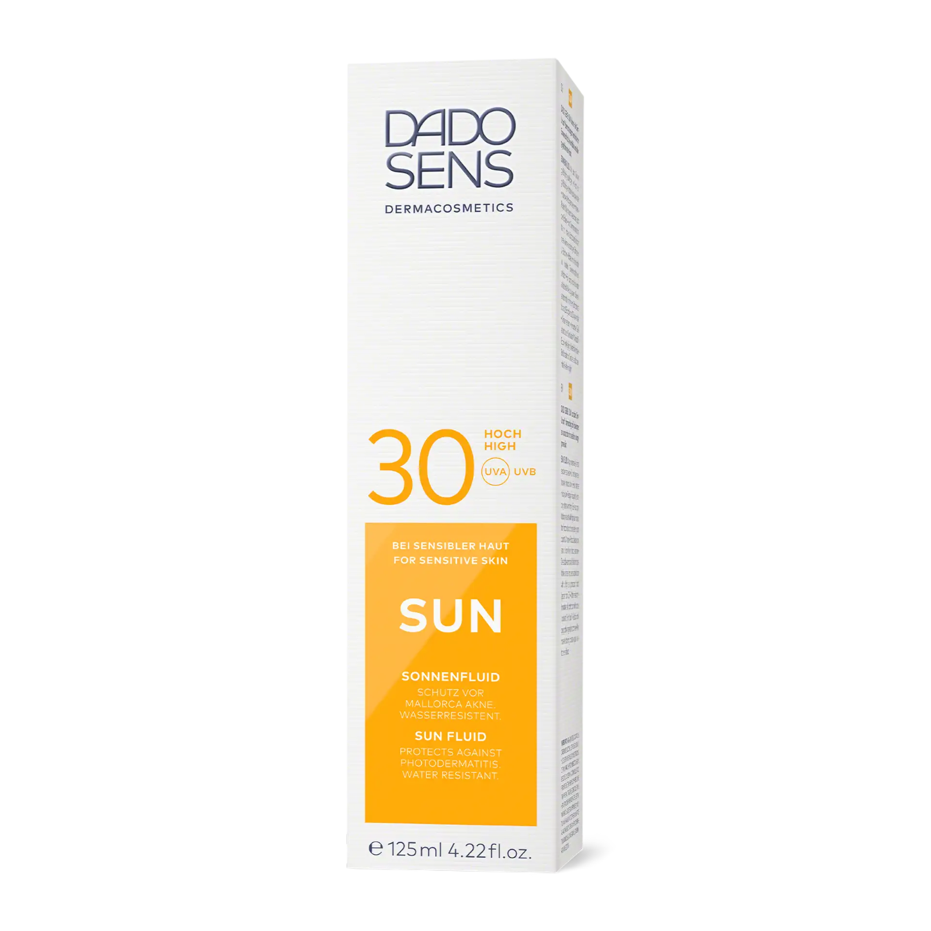 DADO SENS SUN Sonnenfluid SPF 30 für sensible Haut, wasserresistent, 125 ml Faltschachtel