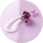 Feiner Cremeklecks auf rosa Untergrund mit lila Blüten und Wassertropfen, sanfte Textur sichtbar