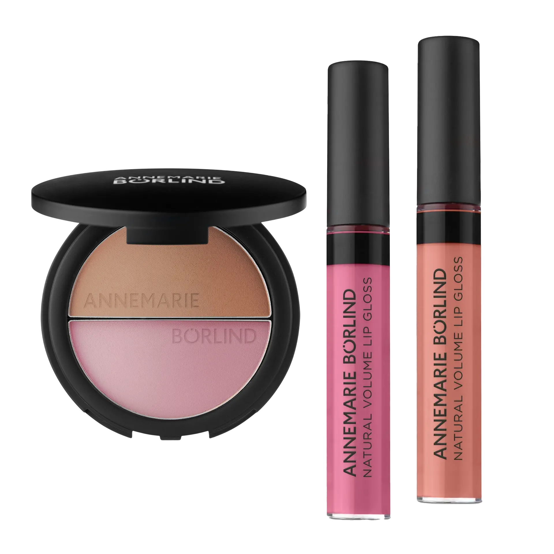 ANNEMARIE BÖRLIND NATURAL VOLUME LIP GLOSS in Nude Hug und Snuggle Berry neben Bronzer & Blush in Soft Blush mit Logo Prägung