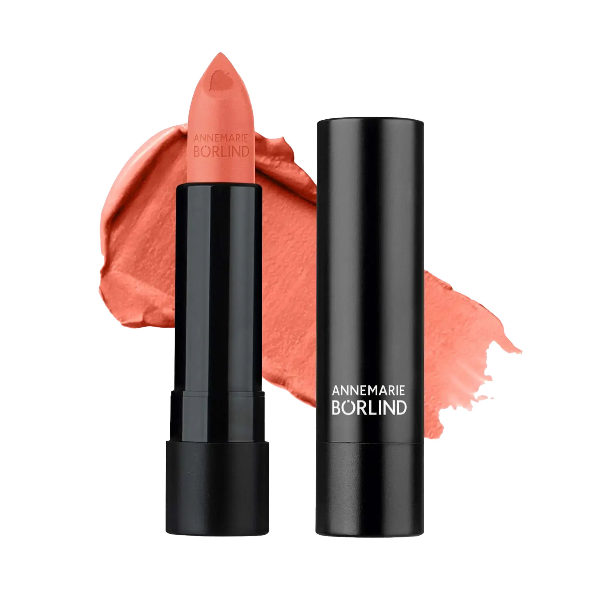 ROUGE À LÈVRES PEACH ANNEMARIE BÖRLIND Lippenstift in Pfirsich mit Herzprägung und schwarzer Hülse vor Lippenstiftfarbe