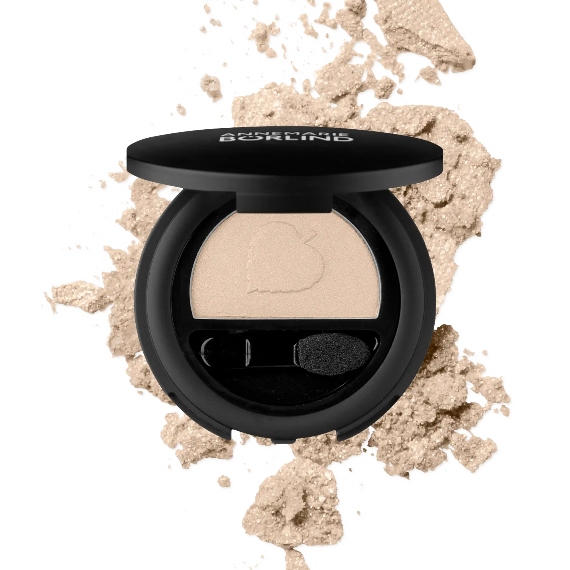 POWDER EYE SHADOW BEIGE ANNEMARIE BÖRLIND Lidschatten in Beige mit Applikator und losem Puder im Hintergrund