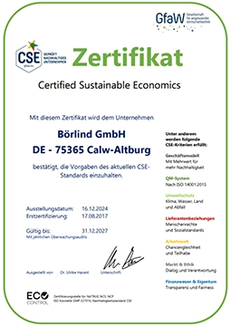 CSE-Zertifikat für Börlind GmbH (Certified Sustainable Economics) – bestätigt die Einhaltung nachhaltiger Unternehmensstandards. Ausgestellt im Dezember 2024, gültig bis Dezember 2027.