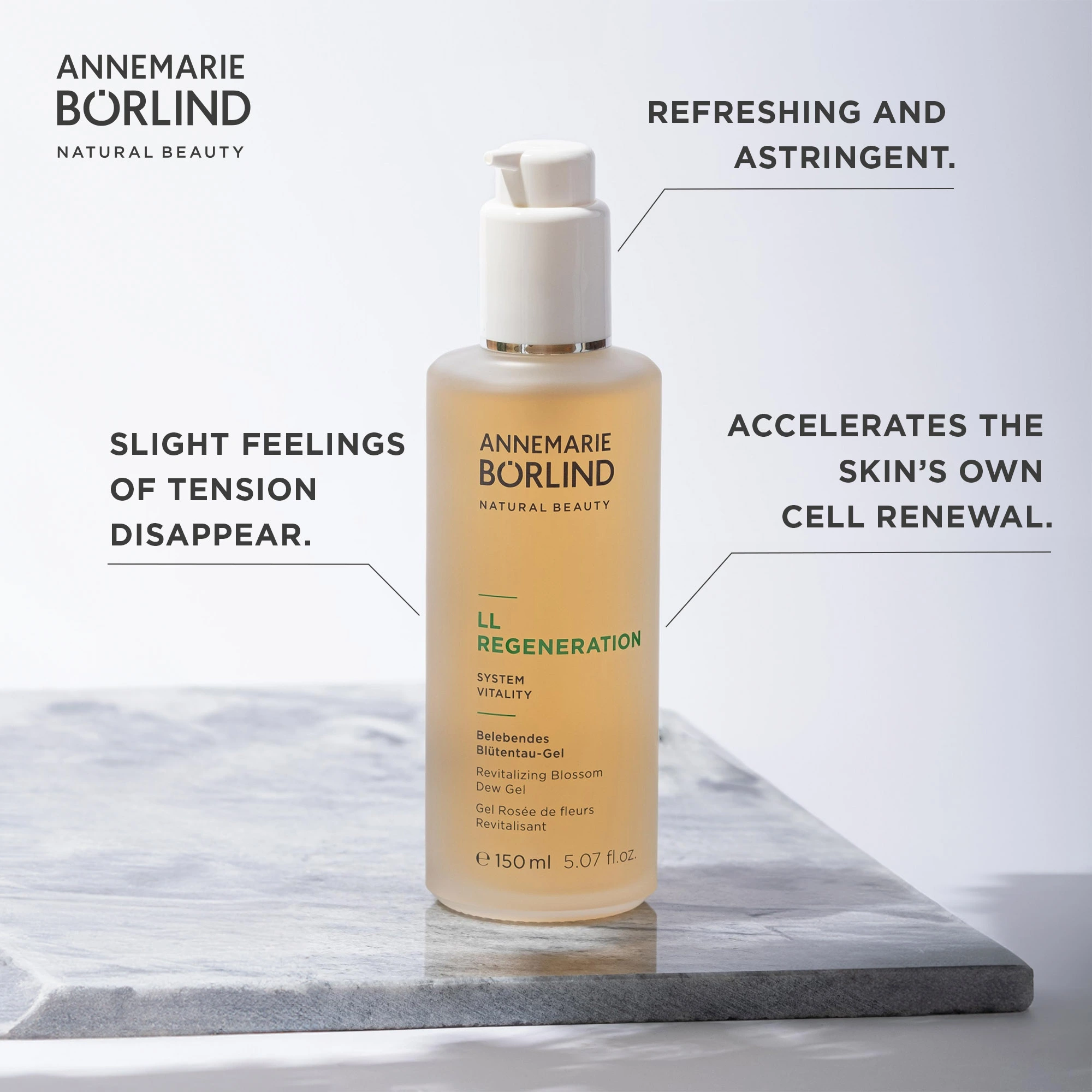 ANNEMARIE BÖRLIND LL REGENERATION Belebendes Blütentau-Gel in 150 ml Flasche auf Marmorplatte