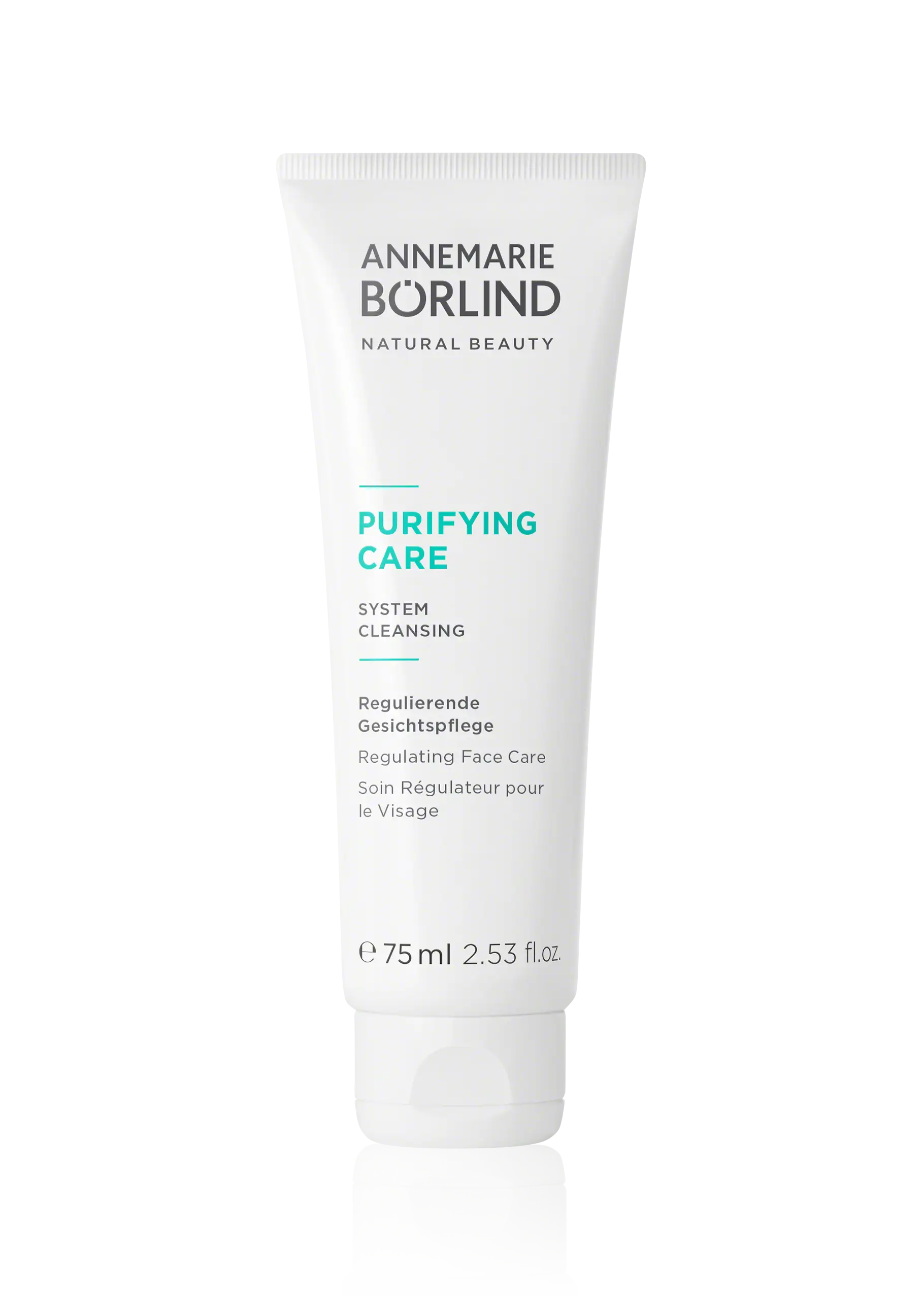 Regulating Face Care ANNEMARIE BÖRLIND PURIFYING CARE regulierende Gesichtspflege in 75 ml Tube vor schwarzem Hintergrund