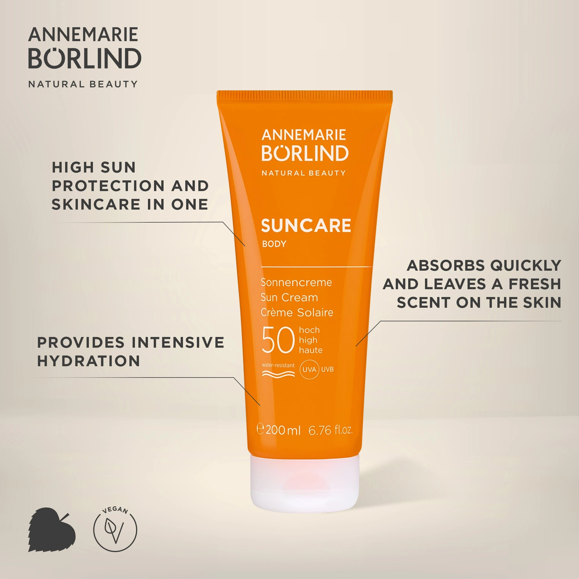 ANNEMARIE BÖRLIND Suncare Body Sonnencreme LSF 50, 200 ml, wasserfest, vegan, schnell einziehend
