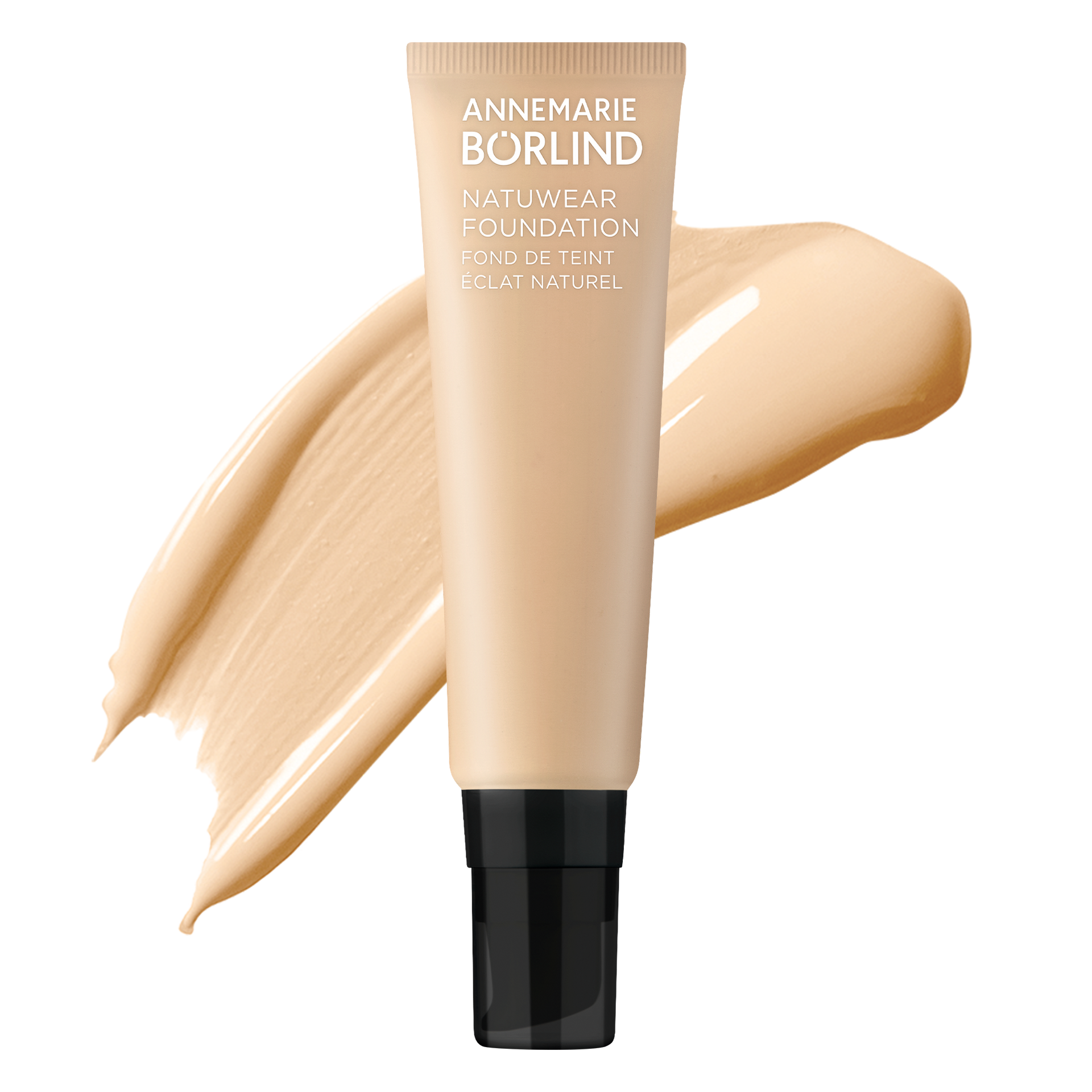 NATUWEAR® FOUNDATION LIGHT IVORY ANNEMARIE BÖRLIND NATUWEAR Foundation in hellbeiger Tube mit schwarzem Verschluss und Produktprobe im Hintergrund