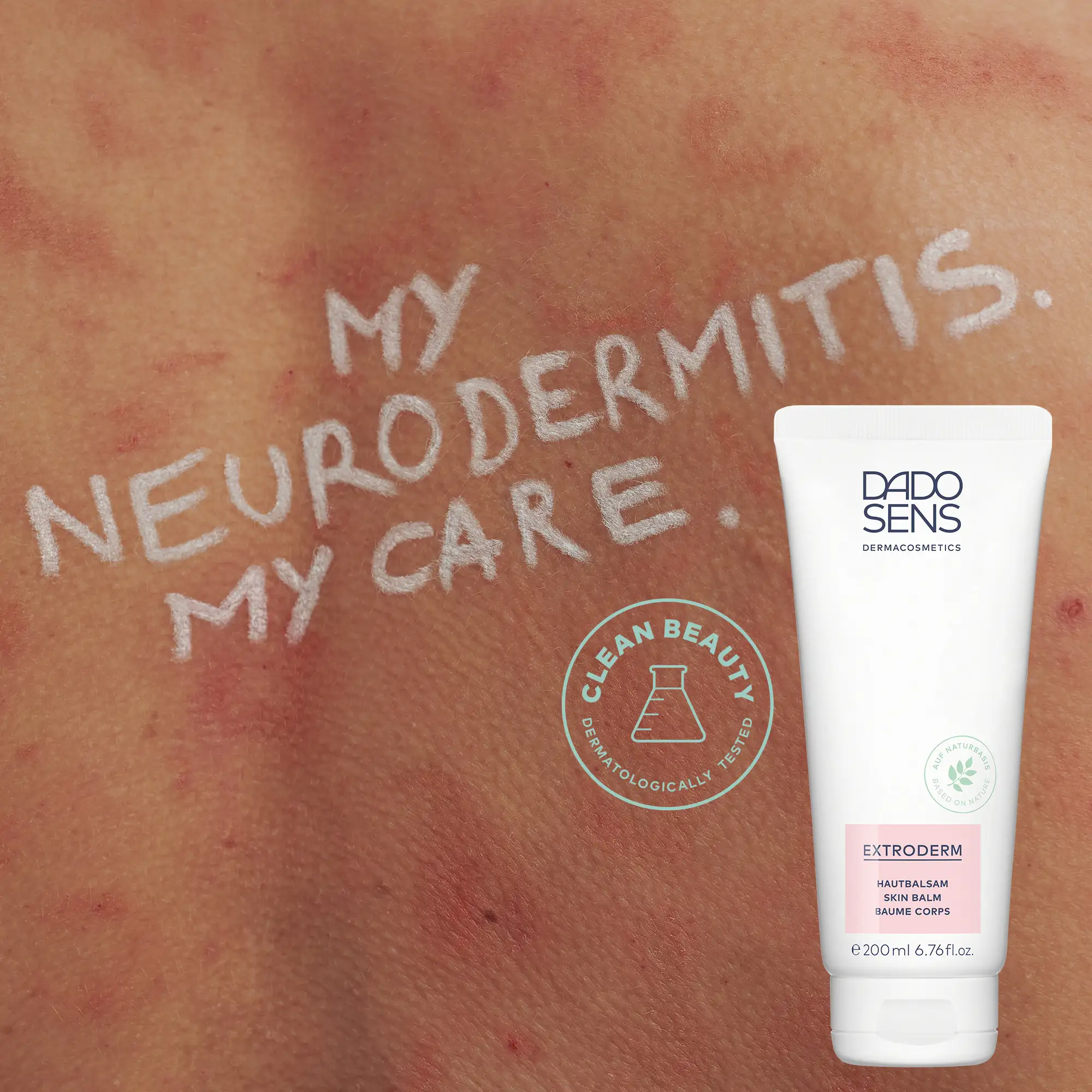 DADO SENS EXTRODERM Hautbalsam vor geröteter Haut mit Neurodermitis-Schriftzug und Clean Beauty Siegel