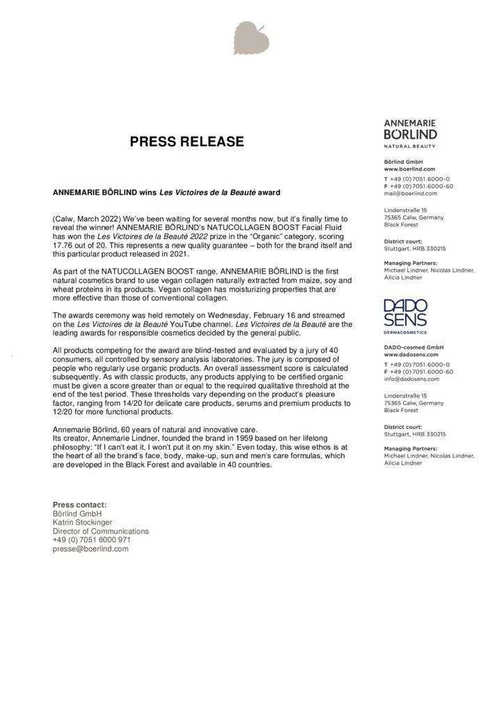 Pressemitteilung zu ANNEMARIE BÖRLIND NATUCOLLAGEN BOOST Auszeichnung Les Victoires de la Beauté 2022