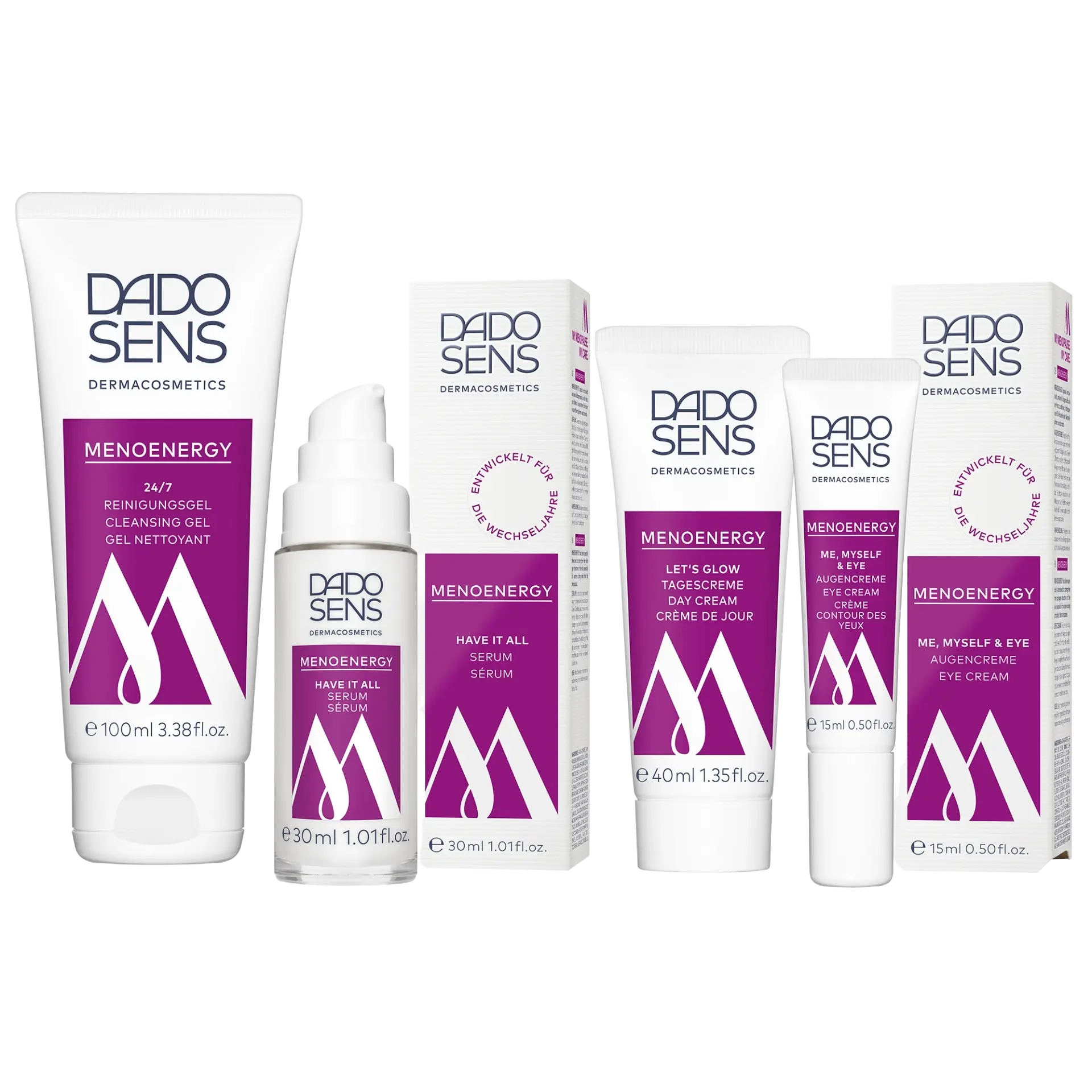 DADO SENS MENOENERGY Reinigungsgel, Serum, Tagescreme und Augencreme mit Verpackungen, 4 Produkte