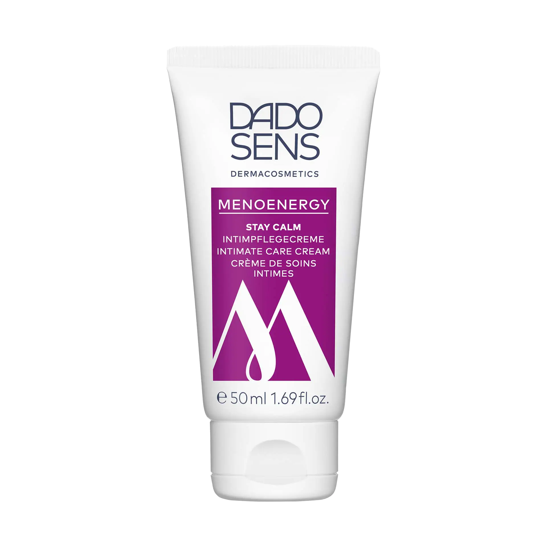STAY CALM INTIMATE CARE CREAM DADO SENS MENOENERGY Intimpflegecreme 50 ml für tägliche sanfte Pflege, weiße Tube mit Lila Aufschrift