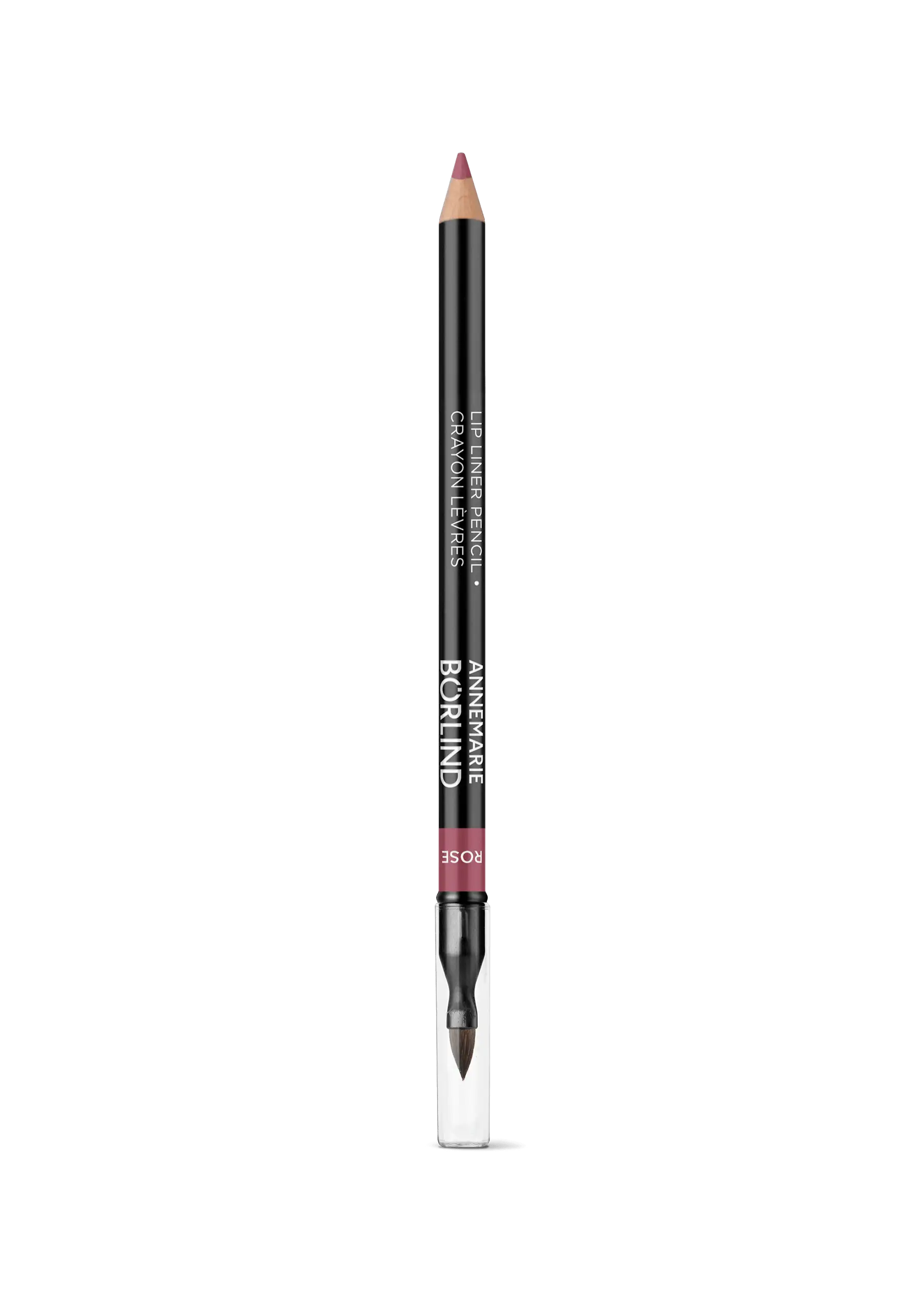 LIP LINER PENCIL ANNEMARIE BÖRLIND Lippenkonturenstift in Rosé mit Pinsel und transparentem Schutzkappe auf schwarzem Hintergrund