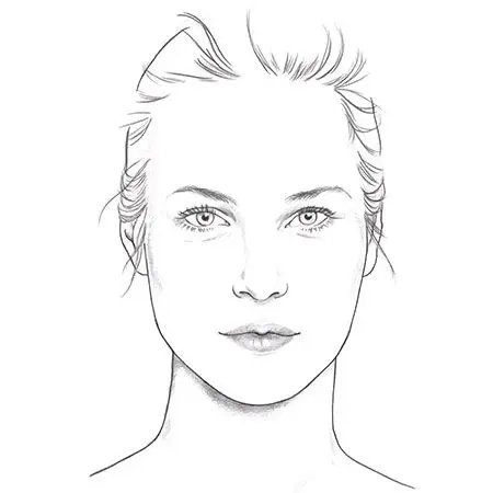 Make-up empfindliche Haut Schwarz-weiße Zeichnung einer Frau in Frontalansicht mit dezent betonten Lippen – Darstellung eines Anwendungsschritts für sanftes Lippen-Make-up bei empfindlicher Haut.