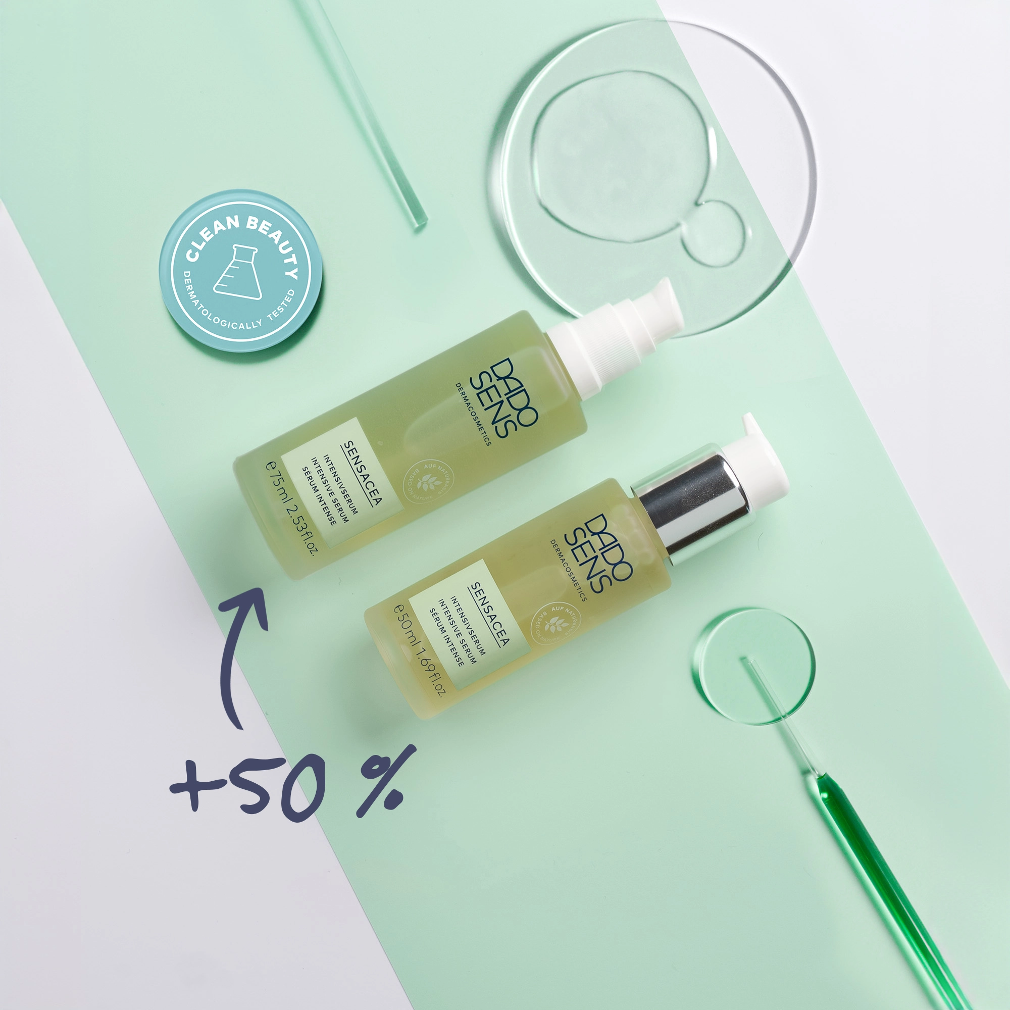 DADO SENS SENSACEA Intensivserum in 50 ml und 75 ml mit 50 % mehr Inhalt, Clean Beauty Siegel