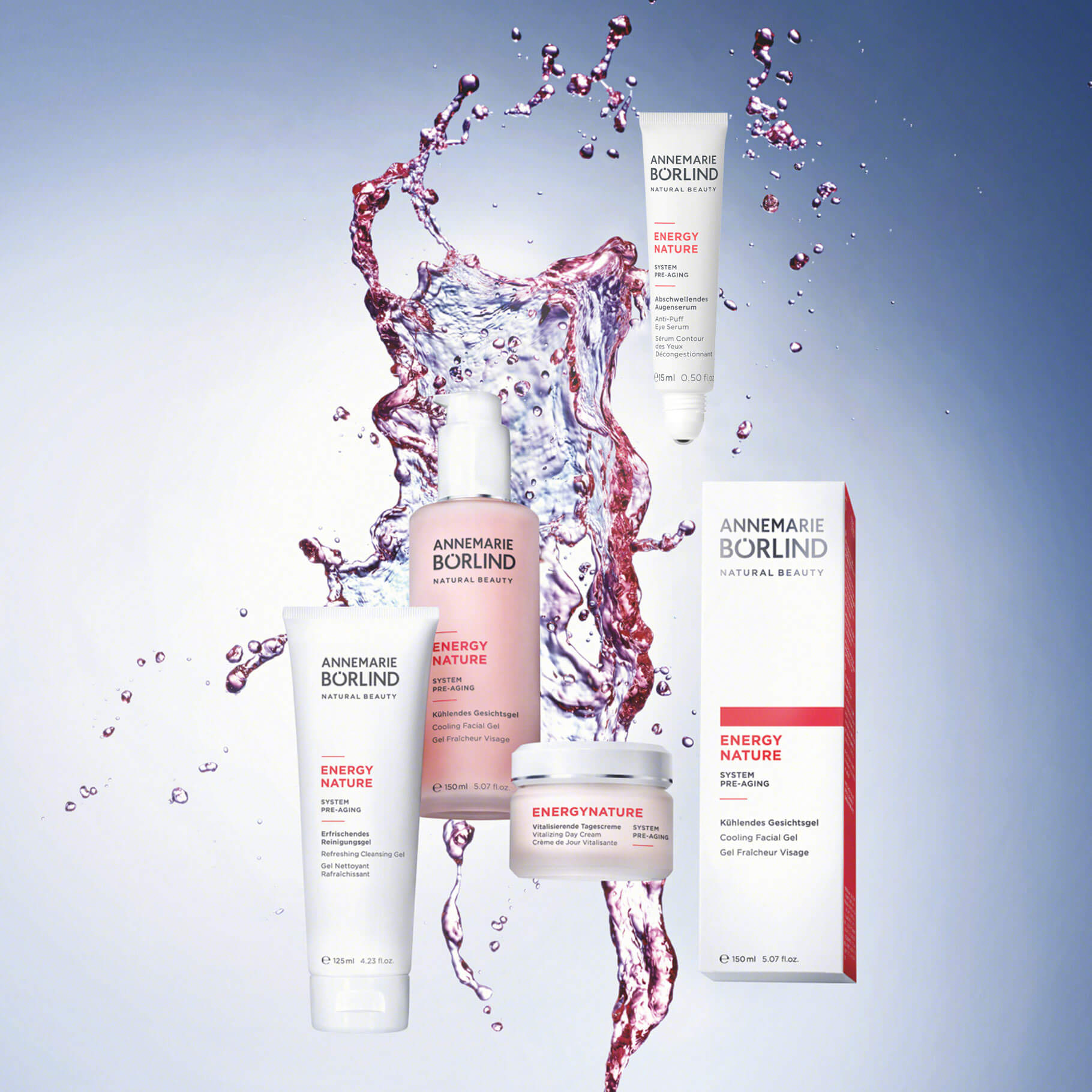 ANNEMARIE BÖRLIND ENERGY NATURE Reinigungsgel, Gesichtsserum, Tagescreme und kühlendes Gel mit Wasser-Splash