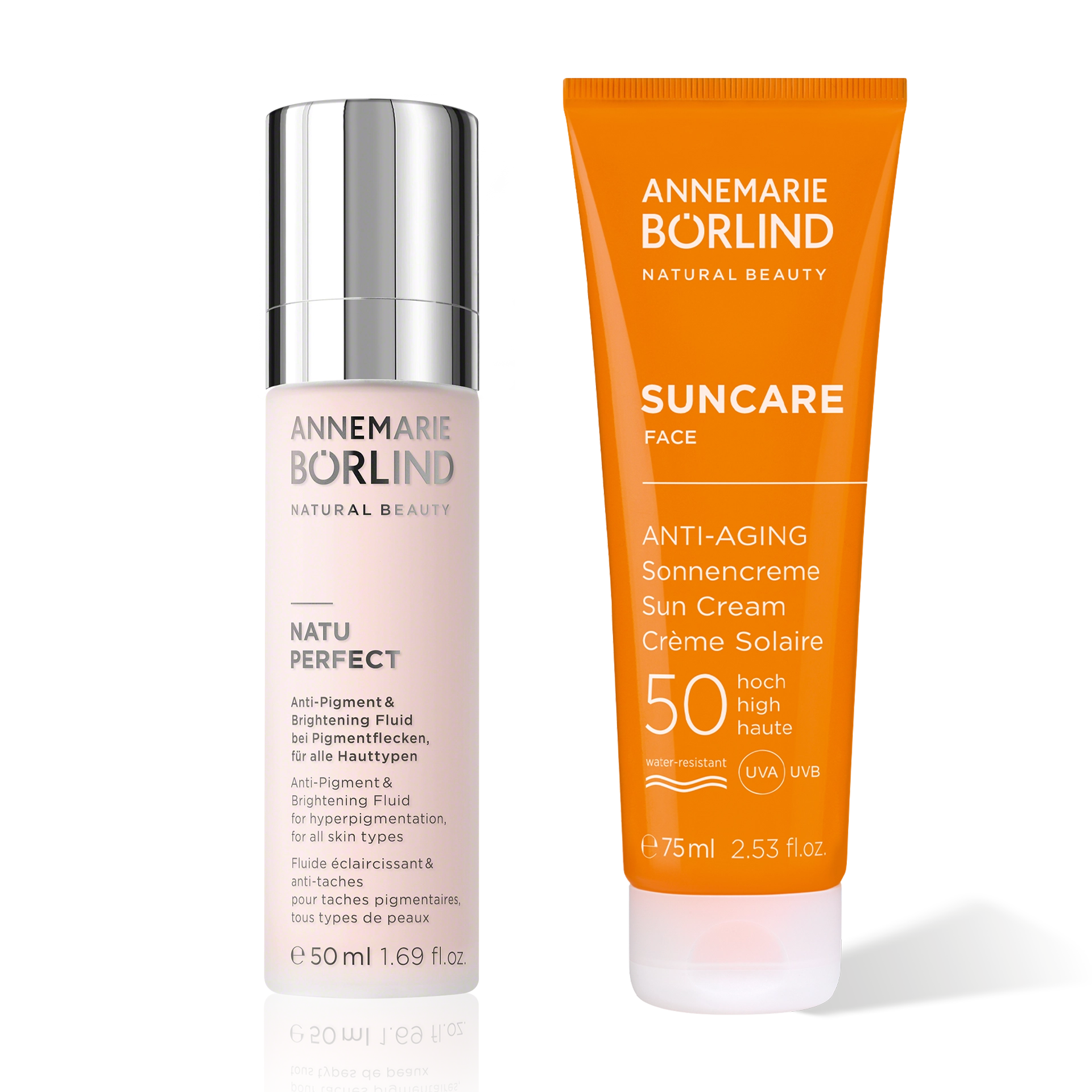 Anti-Pigmentflecken-Set ANNEMARIE BÖRLIND NATU PERFECT Anti-Pigment Fluid 50 ml und SUNCARE Anti-Aging Sonnencreme LSF 50, 75 ml