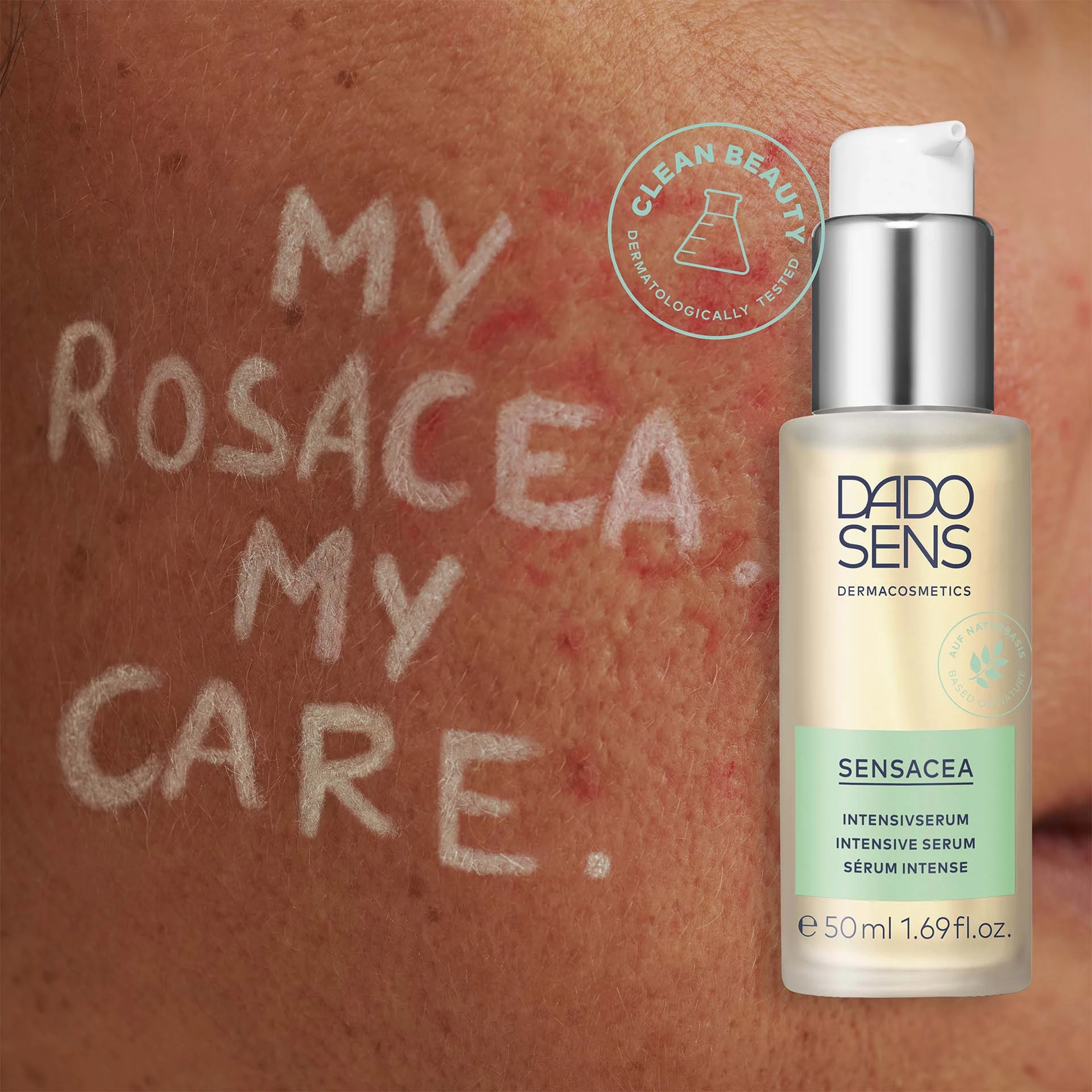 DADO SENS SENSACEA Intensivserum vor geröteter Haut mit Schriftzug „MY ROSACEA MY CARE“ und Clean Beauty Siegel