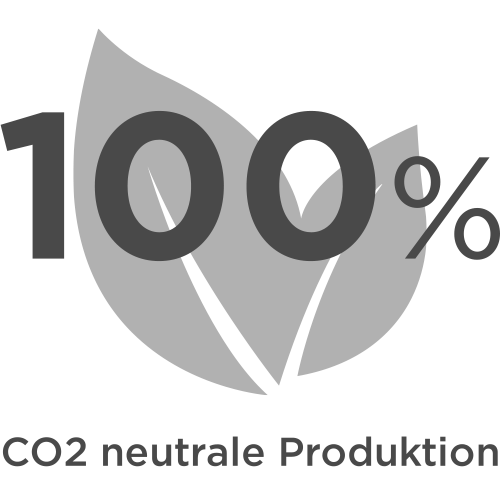 100 % CO2-neutrale Produktion mit stilisiertem Blatt als Symbol für Nachhaltigkeit