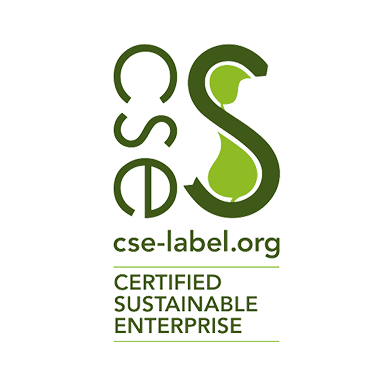 Logo des CSE-Labels mit Schriftzug "Certified Sustainable Enterprise" in Grün und Schwarz