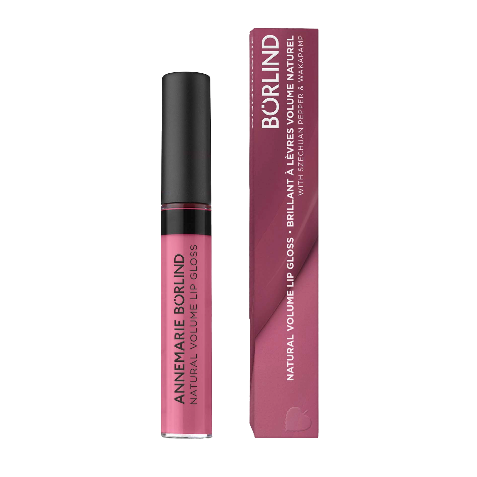 ANNEMARIE BÖRLIND Natural Volume Lip Gloss in Pink mit schwarzem Deckel und Verpackung in Dunkelrosa