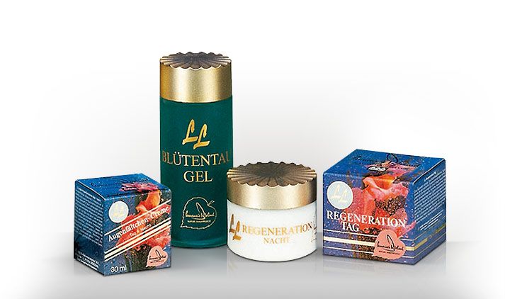 ANNEMARIE BÖRLIND LL Blütental Gel, Regeneration Nachtcreme und Tagcreme mit blauen Verpackungen und goldenen Deckeln