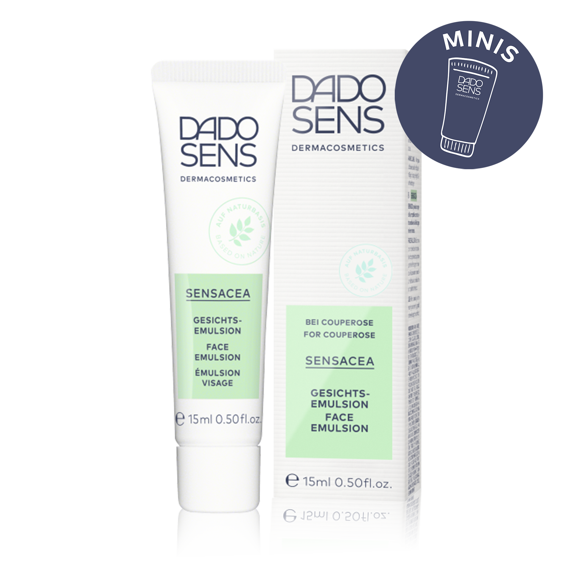 ÉMULSION VISAGE 15 ml Format Découverte DADO SENS SENSACEA Gesichtsemulsion 15 ml für Couperose, Naturbasis, Minisymbol rechts oben