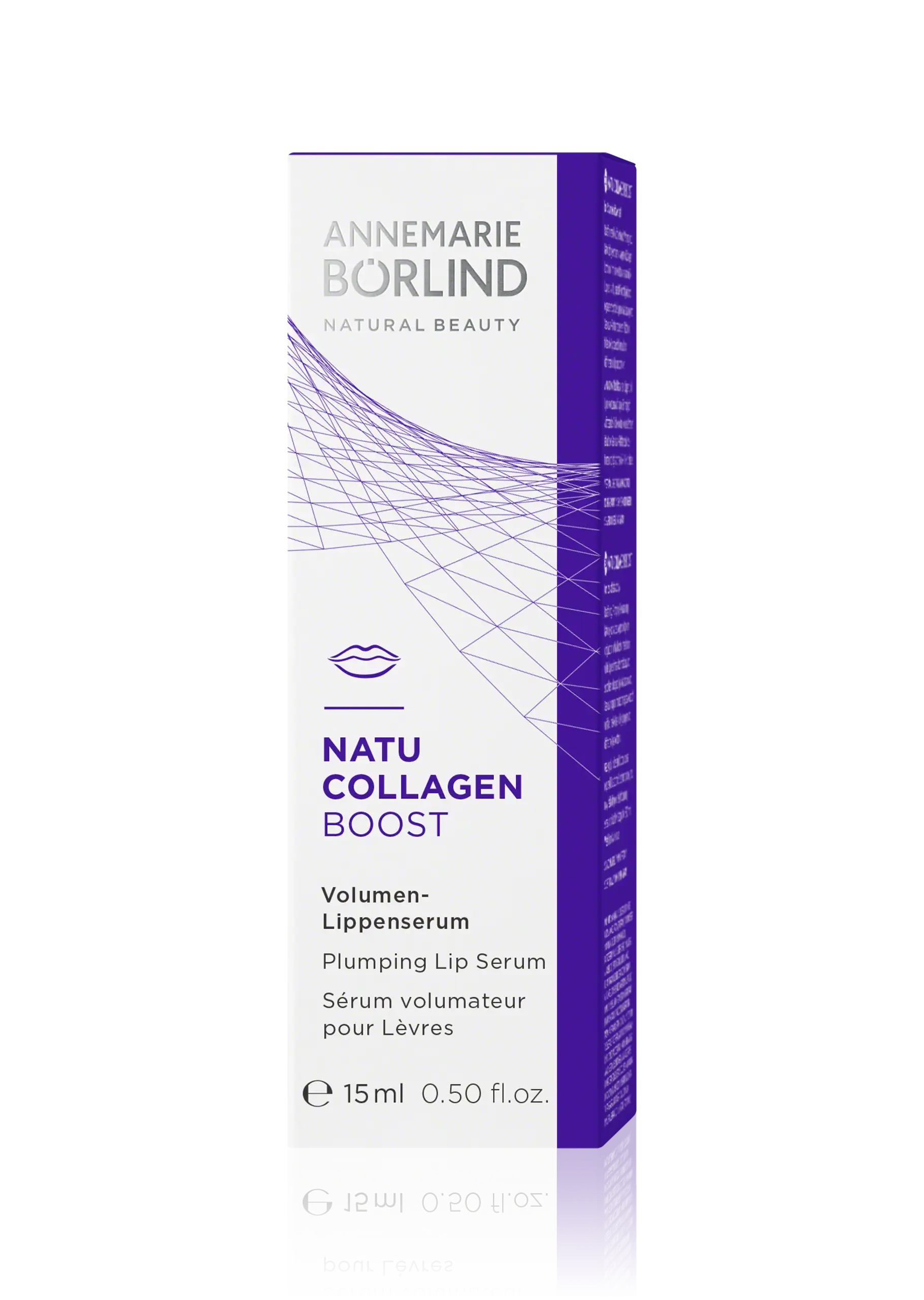 ANNEMARIE BÖRLIND NATU COLLAGEN BOOST Volumen-Lippenserum 15 ml in weißer und violetter Faltschachtel