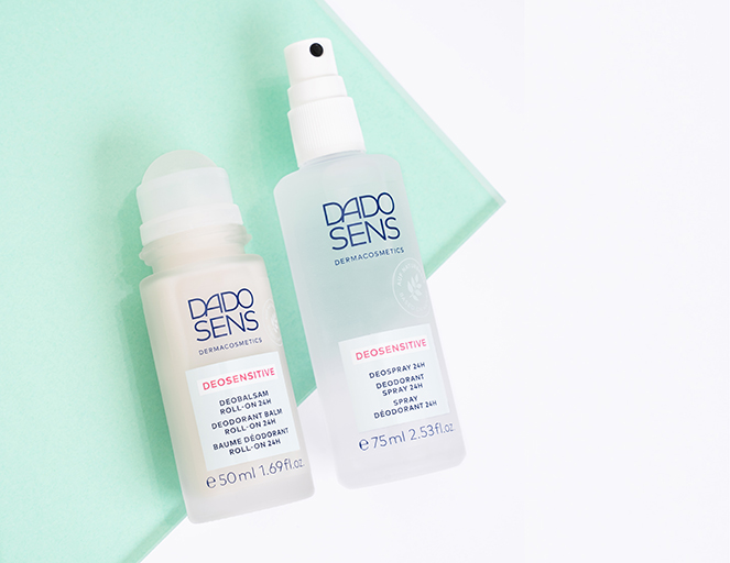 DADO SENS Deosensitive Deobalm Roll-on 50 ml und Deospray 75 ml auf mintgrünem Untergrund