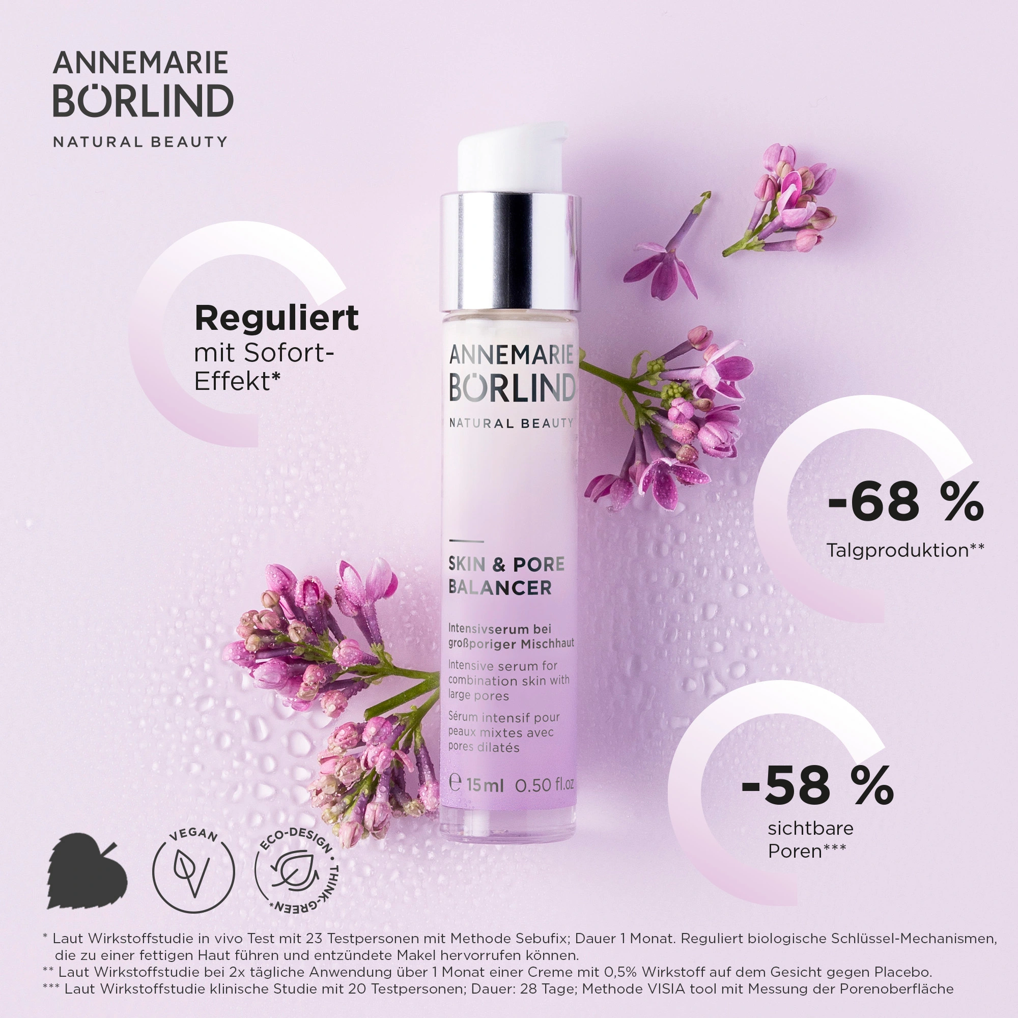 ANNEMARIE BÖRLIND Skin & Pore Balancer Serum mit Pumpspender, lila Hintergrund und Blüten, Feuchtigkeitstropfen