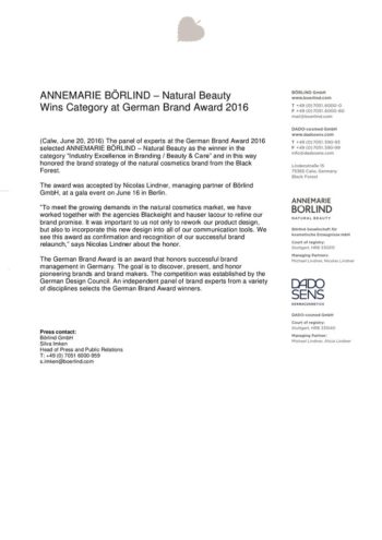 ANNEMARIE BÖRLIND gewinnt German Brand Award 2016 für Natural Beauty, Text auf weißem Hintergrund